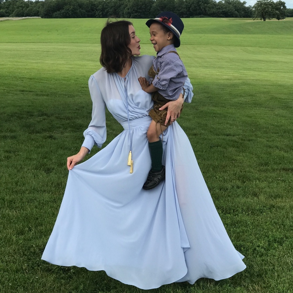 Sky blue, floor length statement dress 🦋